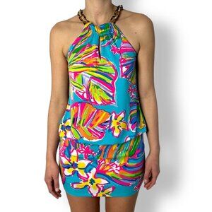 Lilly Pulitzer Sienna Halter Mini Dress Chain Straps Haze Sea Blue Summer Sz XXS